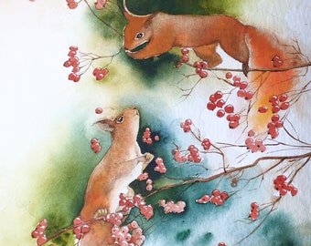 オリジナルの水彩画、樫の枝にとまるリス A4サイズ – コテージコア風の