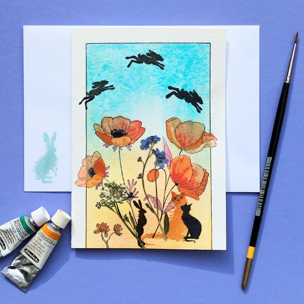 Carte postale unique,lapins,chat,fleurs de coquelicot,fleur naturelle séchée,carte à l'aquarelle originale peinte à la main.