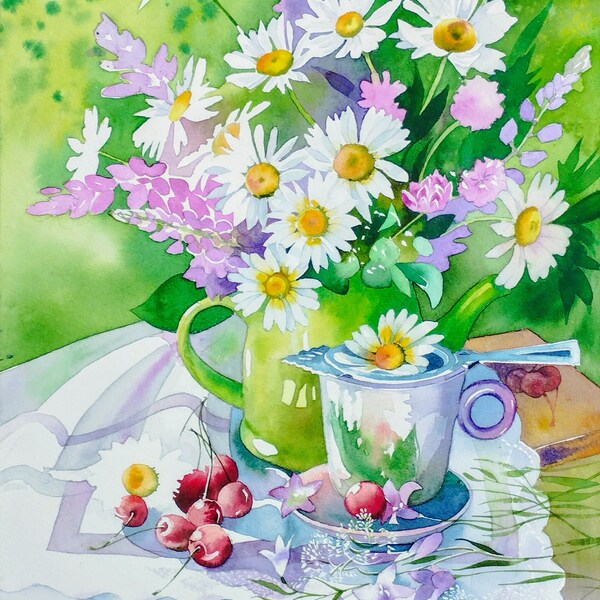 Fleurs de marguerite blanches en bouquet dans un vase,l'heure du thé,peinture à l'aquarelle originale,fait-main,jardin anglais,été,art mural