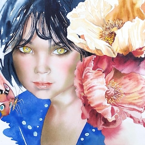 Cuadro de una niña gitana y flores de amapola, retrato de una pequeña hada, acuarela original, arte de pared poético, mágico, hecho a mano.