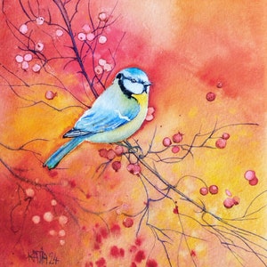 Peinture d'oiseau,la mésange bleue sur une branche,aquarelle originale,petit animal des jardins et campagnes,fait main,art mural.