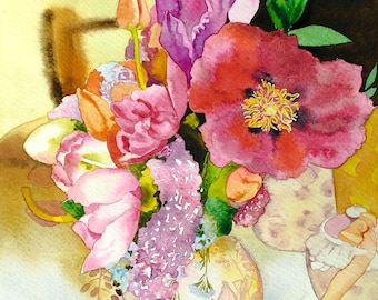 昭和レトロ 水彩画 花瓶 花 フラワー 絵画 アート インテリア レトロ 水彩画の花束、花瓶に描かれた庭の花の絵、色とりどりの花束、女性への
