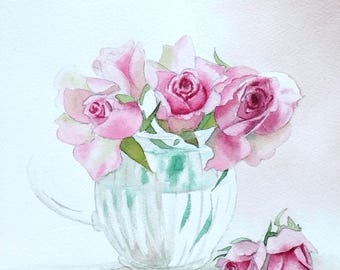 水彩画の花瓶、バラのガラス花瓶、オリジナル絵画、ガラスに入った
