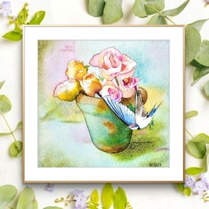 Pintura de acuarela original de flores y golondrinas, ramo de flores rosas rosadas, flores y pájaros, arte mural floral romántico.