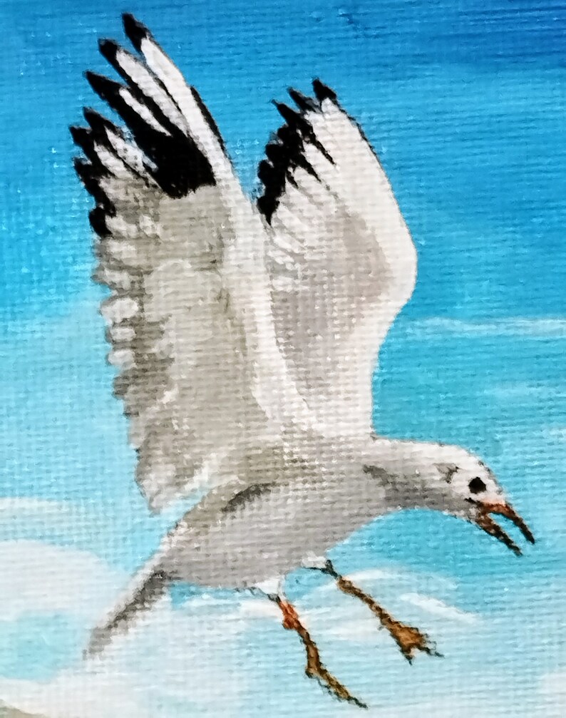 Seagulls on the Beach Facing the Ocean, Seabirds, Original Acrylic ...