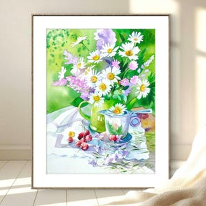 オリジナルの水彩画、花瓶に入ったカラフルな花の田舎風ブーケ、手作り