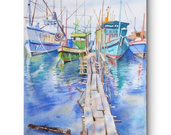 Bateaux de pêche colorés,chalutiers près du ponton,port,peinture à l'aquarelle originale,bord de mer,art mural de bateaux,marine, fait main.