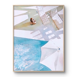 Paesaggio tropicale con piscina in estate e ragazza, acqua blu e ombrellone, dipinto ad acquerello originale, vacanza, viaggio al mare, arte murale.