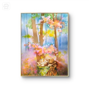 Paisaje de bosque primaveral, acuarela encantada de árboles rosados, mujer hada y zorro, pintura original, arte mural de cuento de hadas.