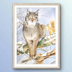 Enchanted watercolor of animals in the snow, lynx and red squirrels, original painting, fairytale wall art for children's room.