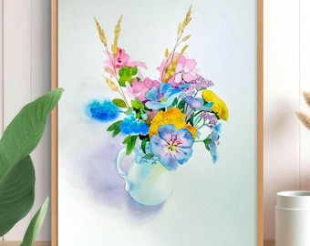 水彩画の花束、花瓶に描かれた庭の花の絵、色とりどりの花束、女性への