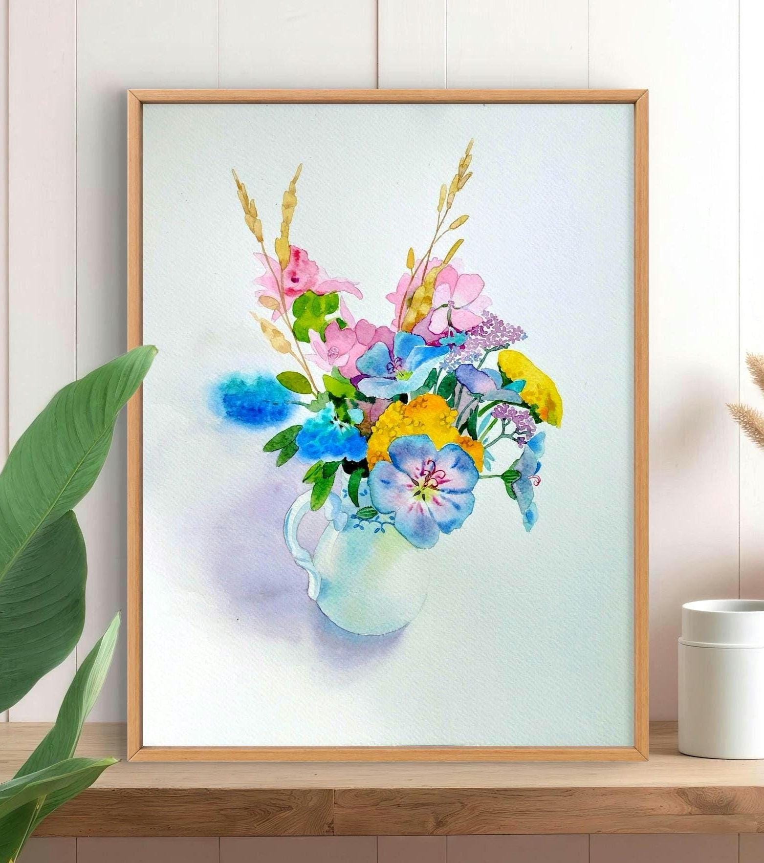 オリジナルの水彩画、花瓶に生けられた色とりどりの花の素朴なブーケ