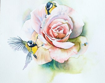 Fleur de rose et mésanges amoureuses,couple d'oiseaux,fleur du jardin,aquarelle originale,fait main,art mural floral,cadeau fête des mères.