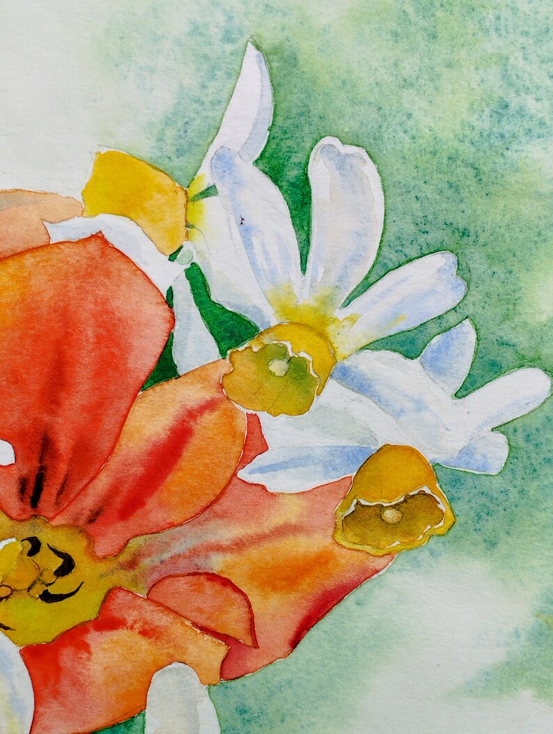 Fleurs du jardin,tulipes rouges et narcisses,peinture à l'aquarelle originale,œuvre d'art fait-main,fleurs du printemps,art mural floral. image 5