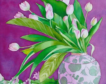 Bouquet of pink tulip flowers in their vase, original watercolor painting, spring, still life, handmade, floral wall art.