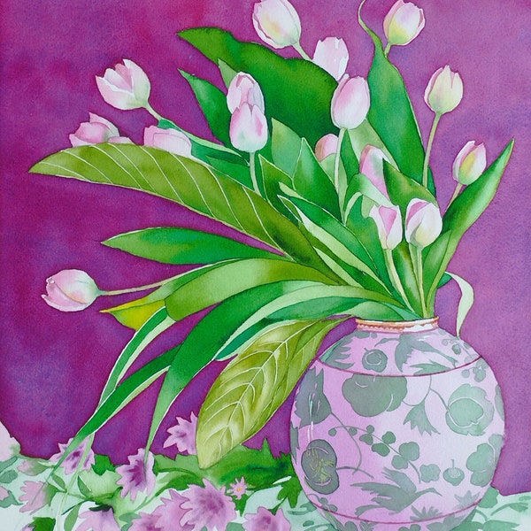 Bouquet de tulipe roses dans leur vase,peinture à l'aquarelle originale,fleurs de printemps,de naissance,art mural floral, vintage et cosy.