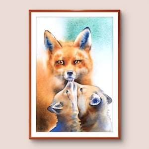 Dipinto di volpe e cuccioli, ritratto di famiglia, acquerello originale di animali, decorazione per cameretta, arte murale, fatto a mano.