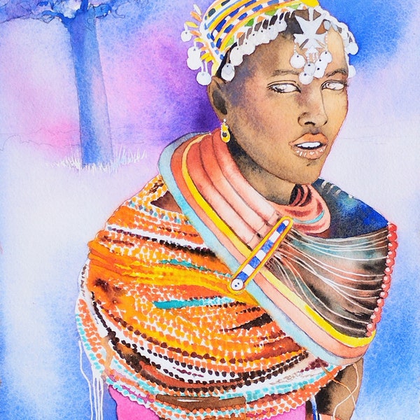 Art de la femme africaine,femme du désert du Kenya,portrait de femme noire,peinture à l'aquarelle originale,fait main,art mural ethnique.