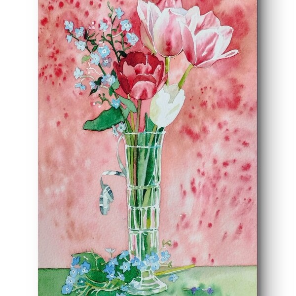 Bouquet de fleurs,tulipes rouges,blanches et myosotis dans leur vase,peinture à l'aquarelle originale, printemps,fait main,art mural floral.