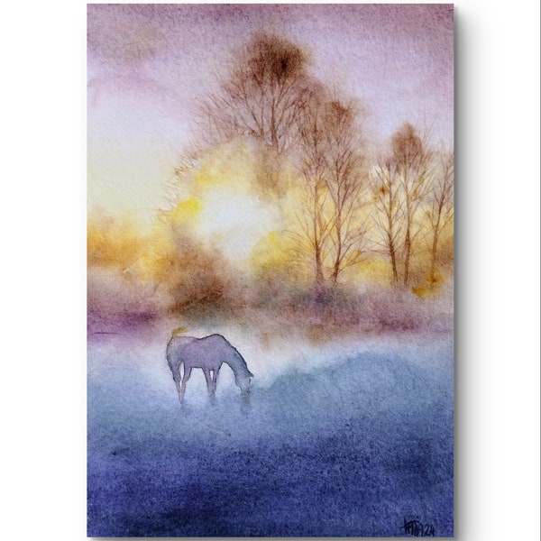 Arbres,cheval et brume matinale dans la clairière ensoleillé,peinture à l'aquarelle originale,fait main,art mural ,cadeau fête des mères.