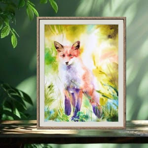 Dipinto di una volpe rossa nella foresta in primavera, decorazione murale raffigurante animali, acquerello originale per la cameretta dei bambini, simpatica volpe, fatto a mano.