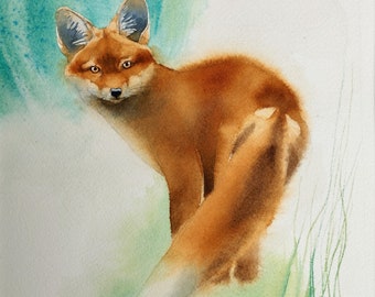 Little surprised fox, fox painting, watercolor art print, fox wall decoration, animal art, art, gift