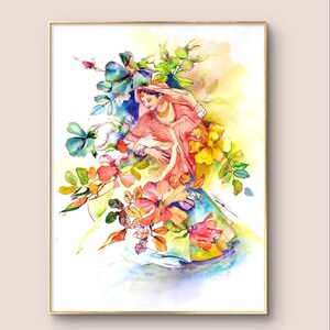 Painting of an oriental woman, flower dance, south Indian girl, classical dance, original watercolor painting, wall art, handmade.