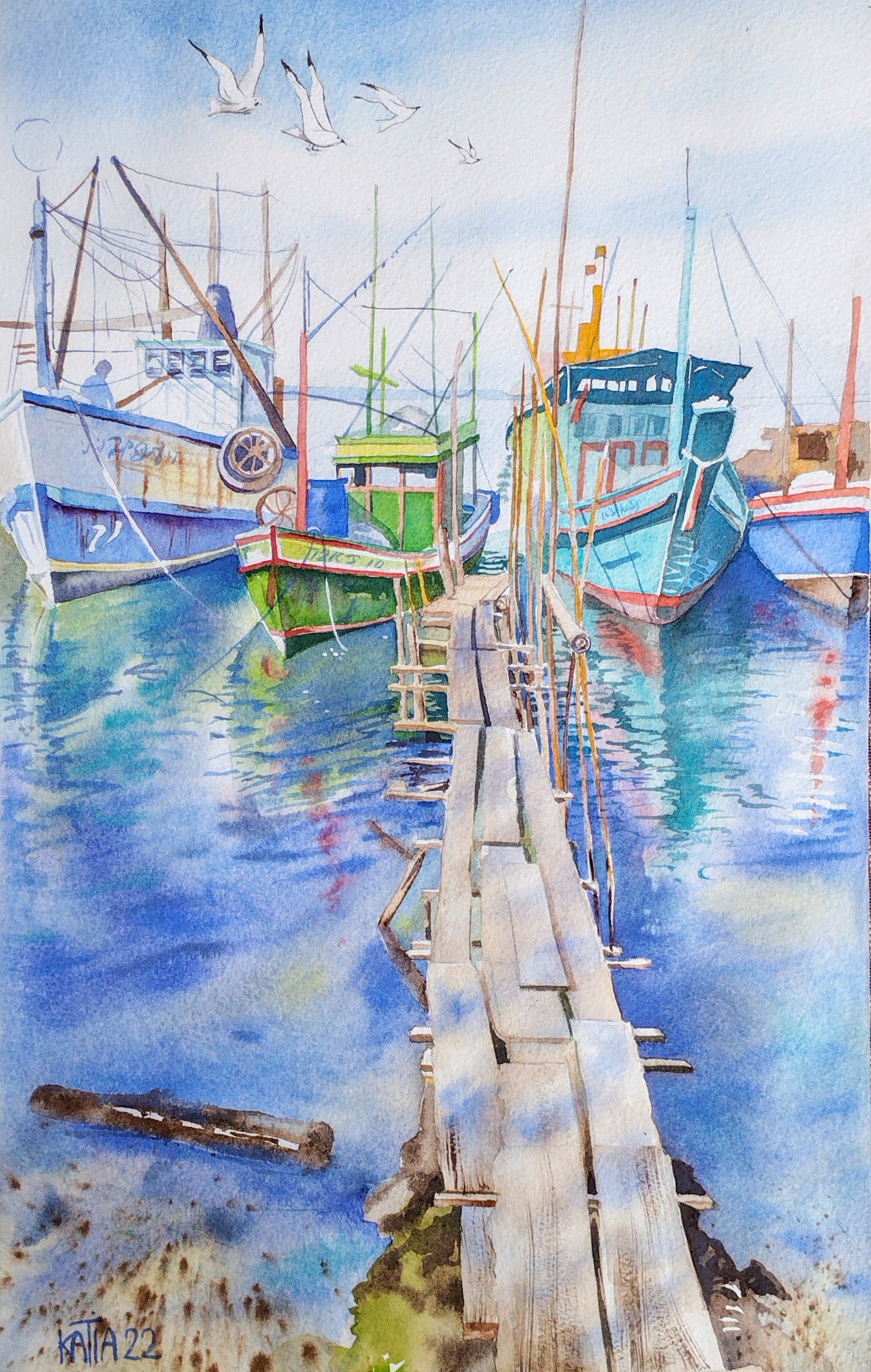 Painting of Fishing Boats, Trawlers Near the Pontoon, Original Watercolor,  Handmade, Seascape, Wall Decoration of Boats. 