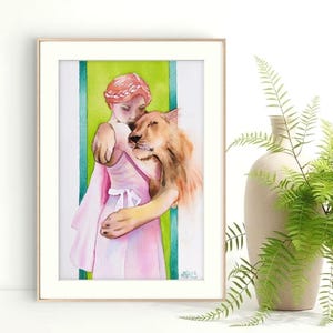 Painting of a woman with a lion, original watercolor, portrait of a redheaded woman with an animal, Renaissance style, fairy wall art, handmade