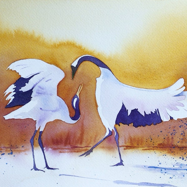 Japanese cranes, loving parade, pond wading bird, original watercolor painting, handmade, wall art, Mother's Day gift.
