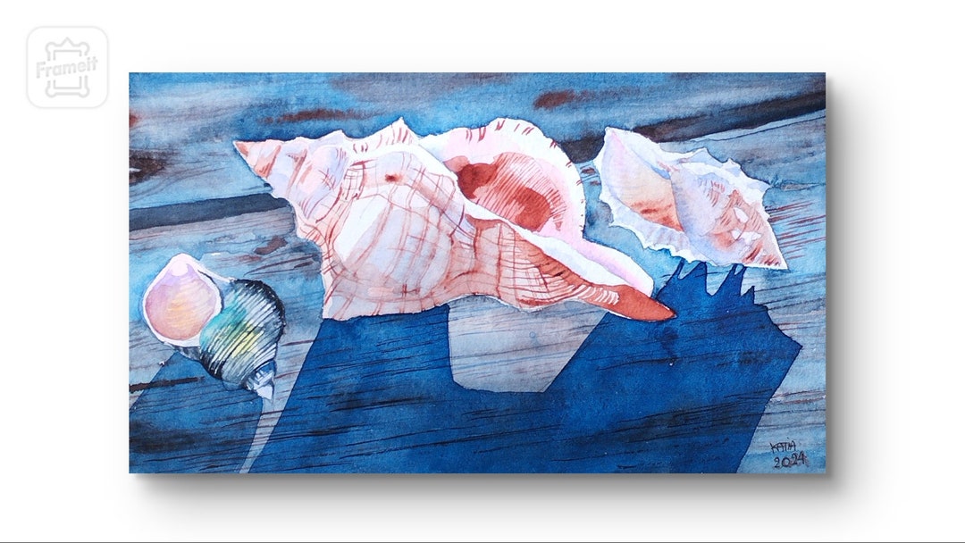 Conch and Shells, Queen Conch and Sea Snail, Original Watercolor ...