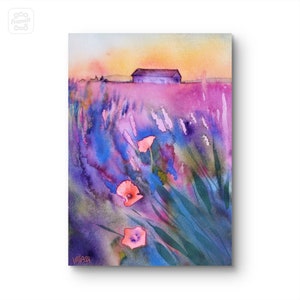 Painting lavender fields in Provence, original watercolor, handmade, landscape wall art, poppies, lavender, poster, Mother's Day gift.