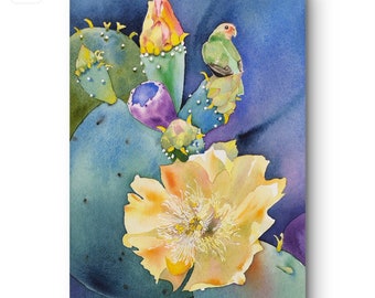 Texas-Kaktusblume, Lovebird, original Aquarellmalerei, handgefertigt, florale Wandkunst, exotischer Garten, Wüste, Geschenk.