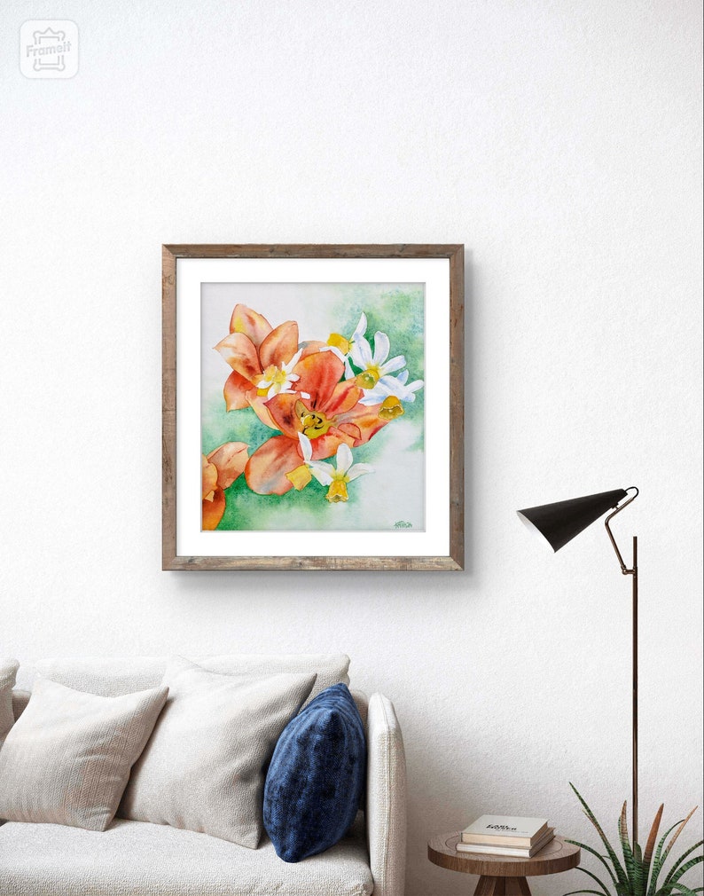 Fleurs du jardin,tulipes rouges et narcisses,peinture à l'aquarelle originale,œuvre d'art fait-main,fleurs du printemps,art mural floral. image 9