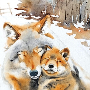 Mamma lupa e il suo cucciolo, dipinto di lupo, ritratti di animali in un paesaggio innevato, acquerello originale, arte murale per bambini.