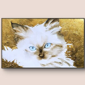 Sacro gatto birmano, pittura ad acquerello originale, foglia d'oro, simpatico ritratto di gattino domestico, arte della parete di animali, fatto a mano.