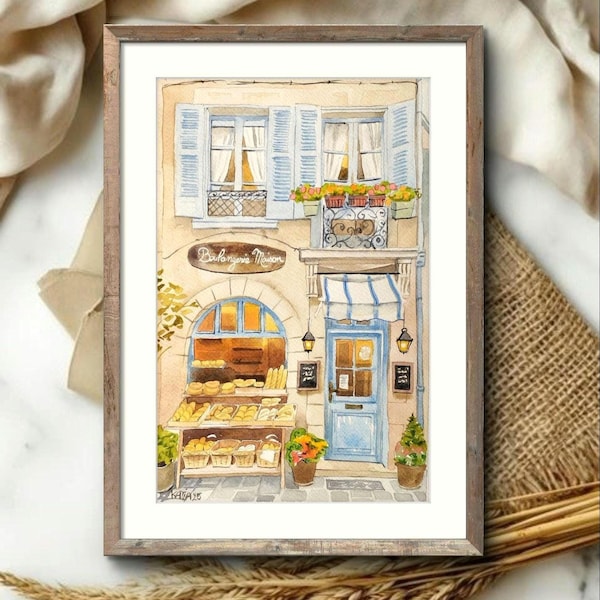 Original vintage French bakery watercolor painting, charming old-fashioned small shop painting, retro kitchen wall art, handmade.