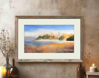 Original watercolor autumn forest and sea landscape, handmade nature painting, seaside painting with pine trees, zen seascape wall art.