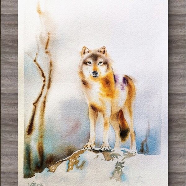 Gray wolf painting in the snow, original watercolor painting, lone wolf, animal art, wolf wall decoration, handmade.