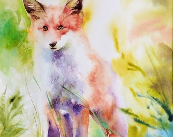 Little red fox in the forest, original watercolor painting, handmade, red fox animal wall decoration, nursery art
