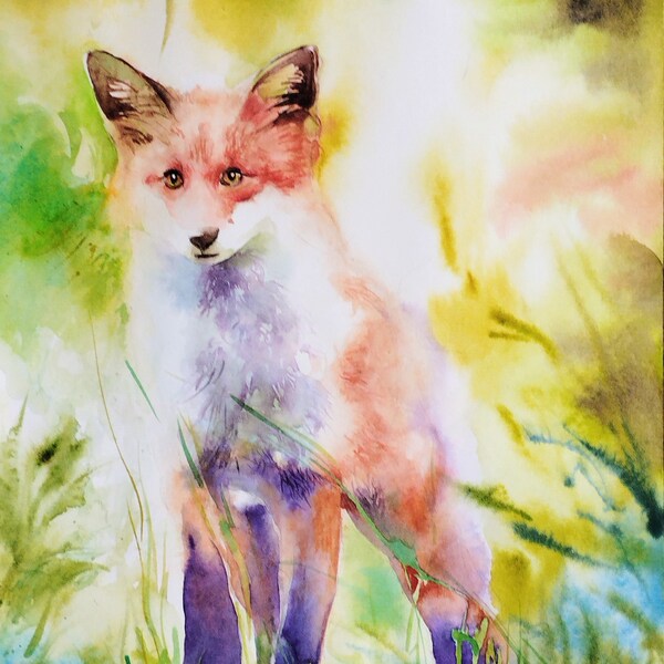 Petit renard roux dans la forêt,peinture à l'aquarelle originale,fait main,décoration murale animalière de renard roux,art de la pépinière