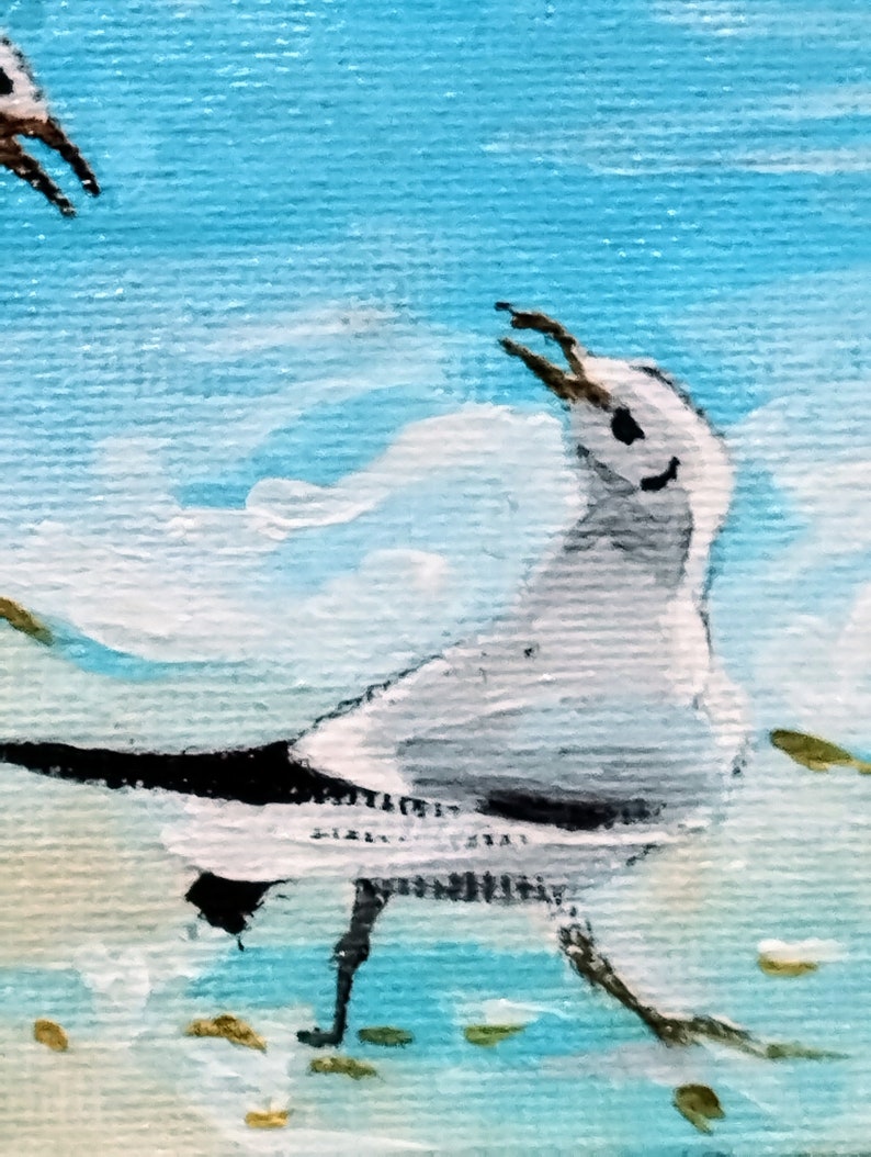 Seagulls on the Beach Facing the Ocean, Seabirds, Original Acrylic ...
