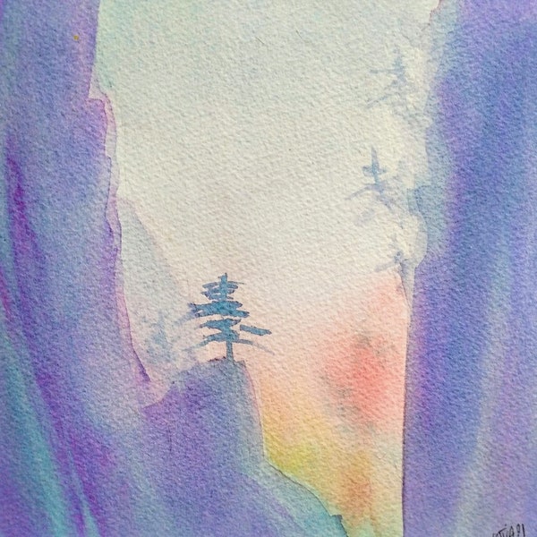 Sunny mountain landscape, sunrise, dawn on the mountain, original watercolor painting, mountain wall art, handmade.