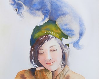 Painting of woman with her cat, portraits of girl and cute cat, original watercolor, wall art, handmade, gift for Mother's Day.