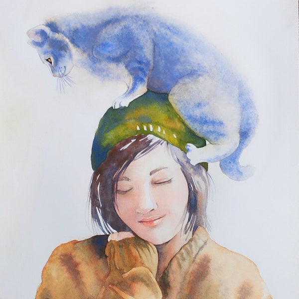 Peinture de femme avec son chat,portraits de fille et de chat mignon,aquarelle originale,art mural,fait main,cadeau pour la fête des mères.