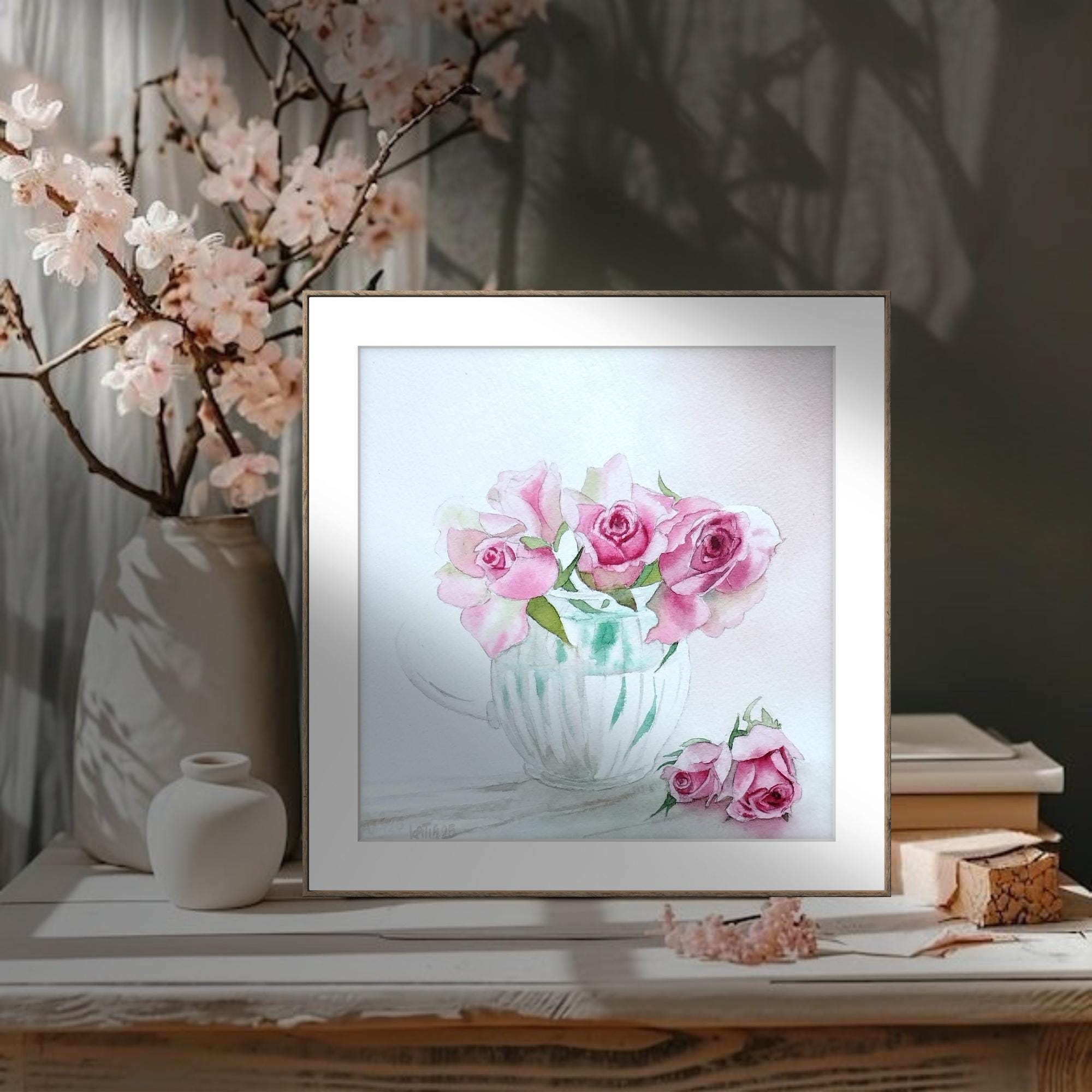 繊細なバラの花を描いたオリジナルの水彩画、花瓶に生けられたバラの