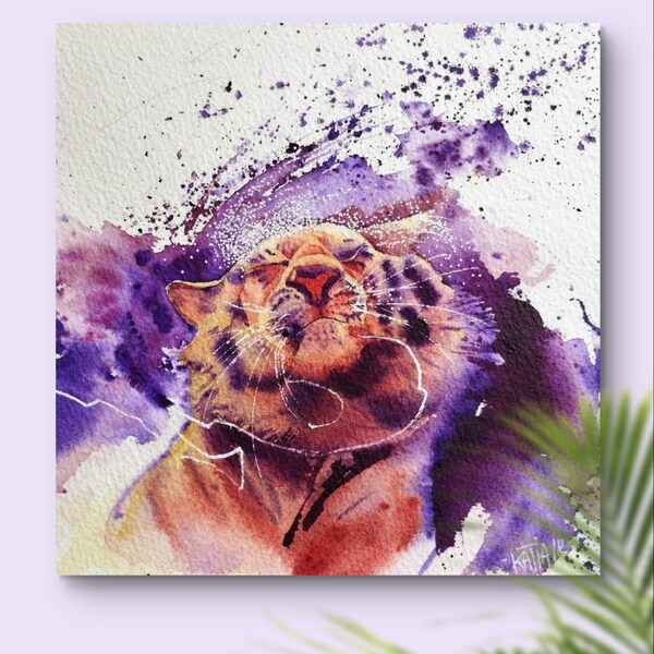 Peinture de tigre magestueux dans l'eau,aquarelle originale,portrait de grand félin,fait main,décoration murale de tigre,cadeau .