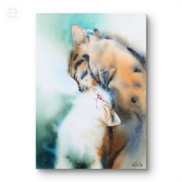 Amour de chats,tendresse,peinture à l'aquarelle originale,fait main,maman chat et son chaton,art mural de félin,cadeau pour la fête des mère