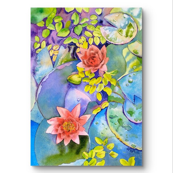 Peinture de fleurs de nénuphar roses,nymphéas dans l'étang,aquarelle originale,fait main,art mural floral,jardin façon Claude Monet,cadeau.