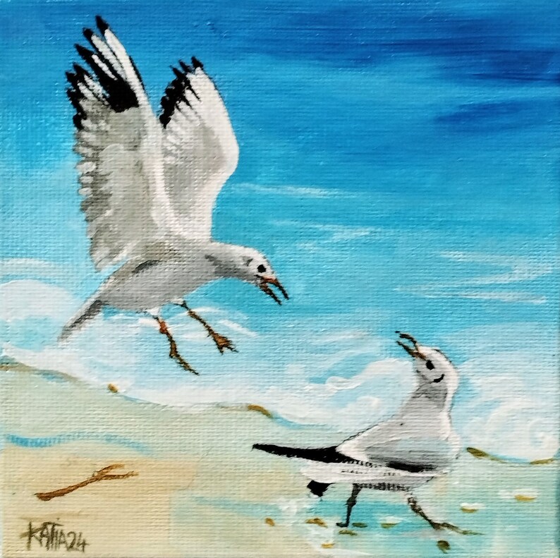 Seagulls on the Beach Facing the Ocean, Seabirds, Original Acrylic ...